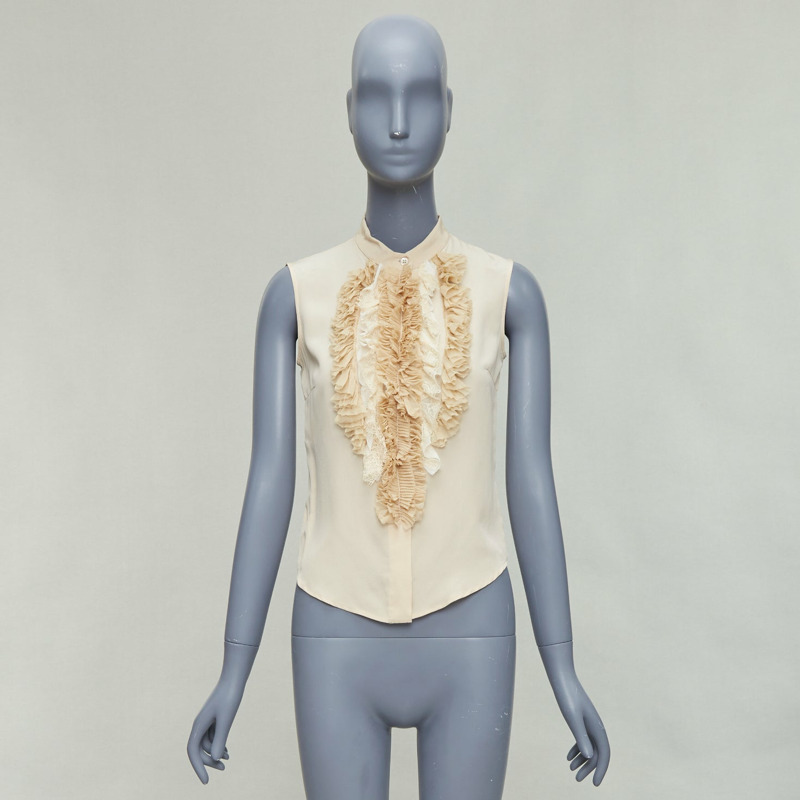 PRADA 2006 Vintage 100% silk ruffle front high collar sleeveless shirt IT38 XS-8
