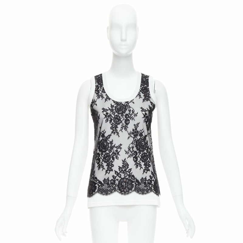 DOLCE GABBANA black white cotton lace overlay tank top IT40 S-8