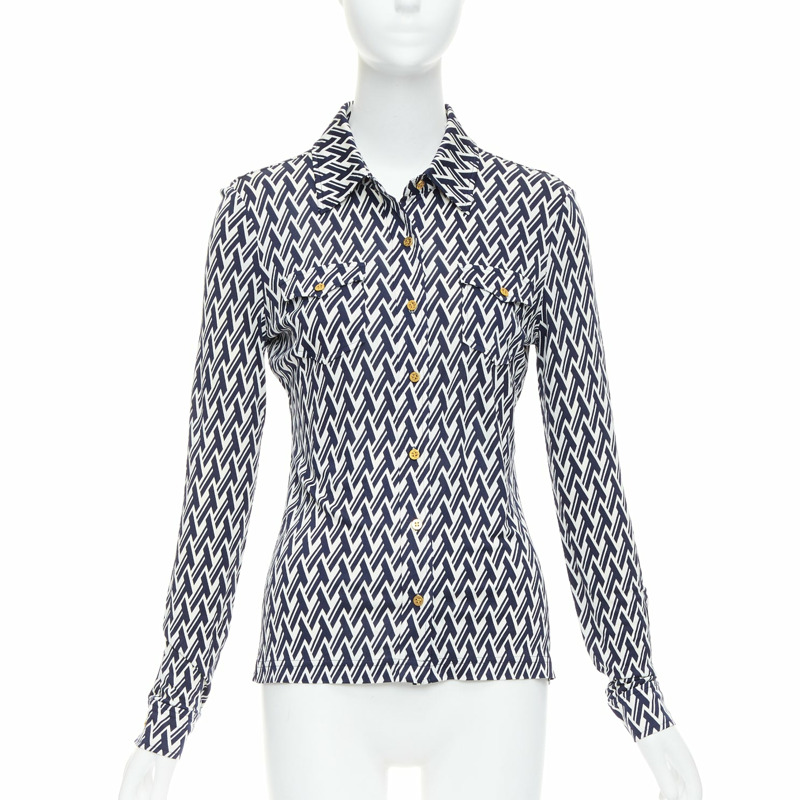 TORY BURCH navy cream T monogram print silk blend shirt XS-0