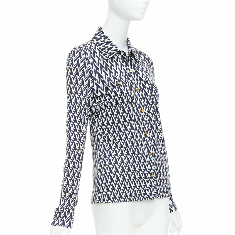 TORY BURCH navy cream T monogram print silk blend shirt XS-2