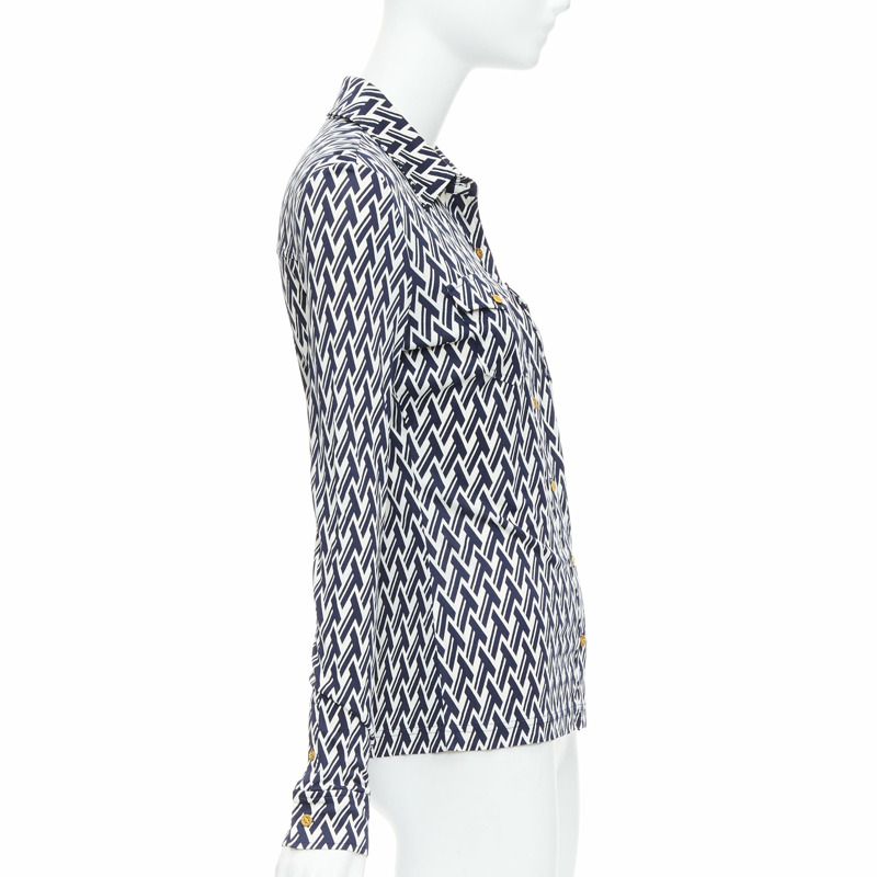 TORY BURCH navy cream T monogram print silk blend shirt XS-3