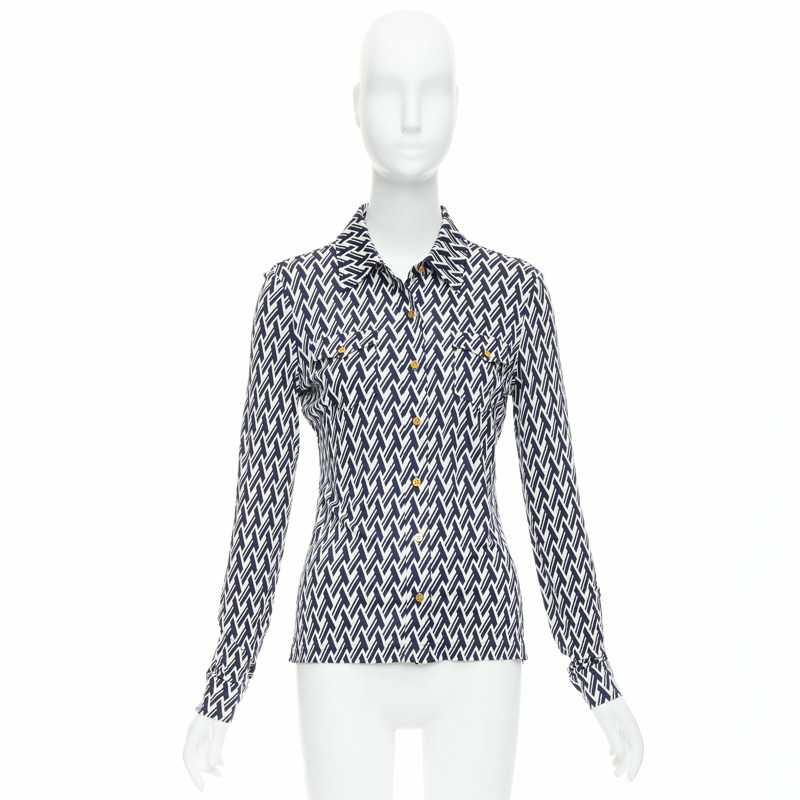 TORY BURCH navy cream T monogram print silk blend shirt XS-8
