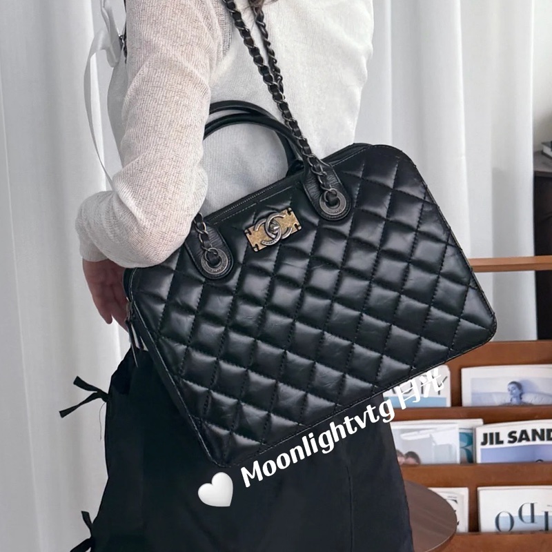 卡標齊全成色佳🔥Chanel黑銀油蠟牛皮菱格手提單肩鏈條包-2