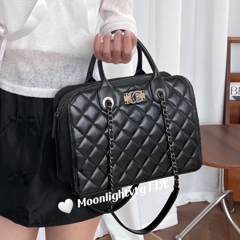 卡標齊全成色佳🔥Chanel黑銀油蠟牛皮菱格手提單肩鏈條包-3