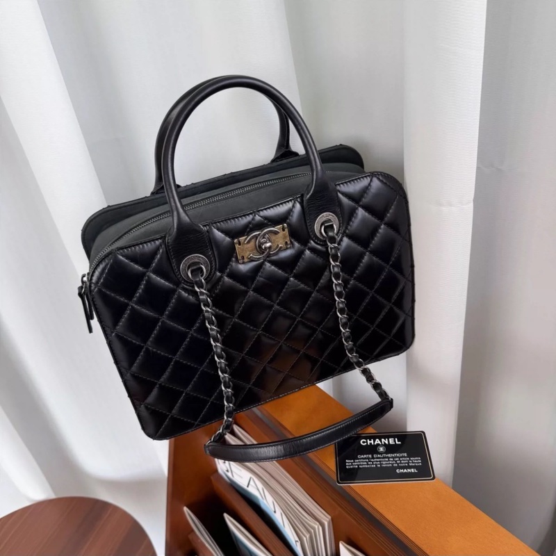 卡標齊全成色佳🔥Chanel黑銀油蠟牛皮菱格手提單肩鏈條包-4
