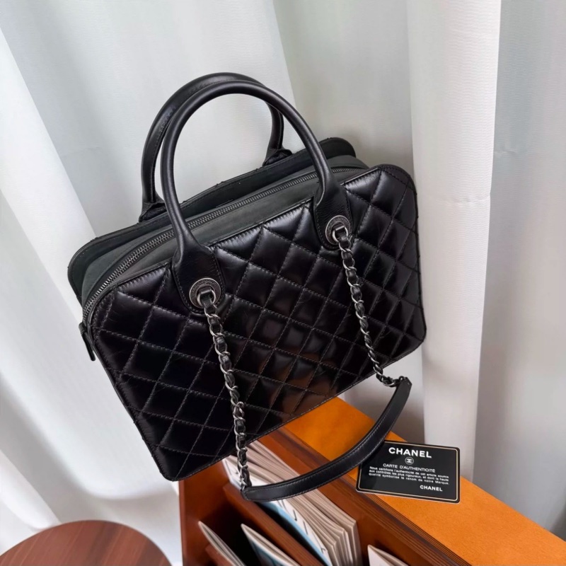 卡標齊全成色佳🔥Chanel黑銀油蠟牛皮菱格手提單肩鏈條包-5