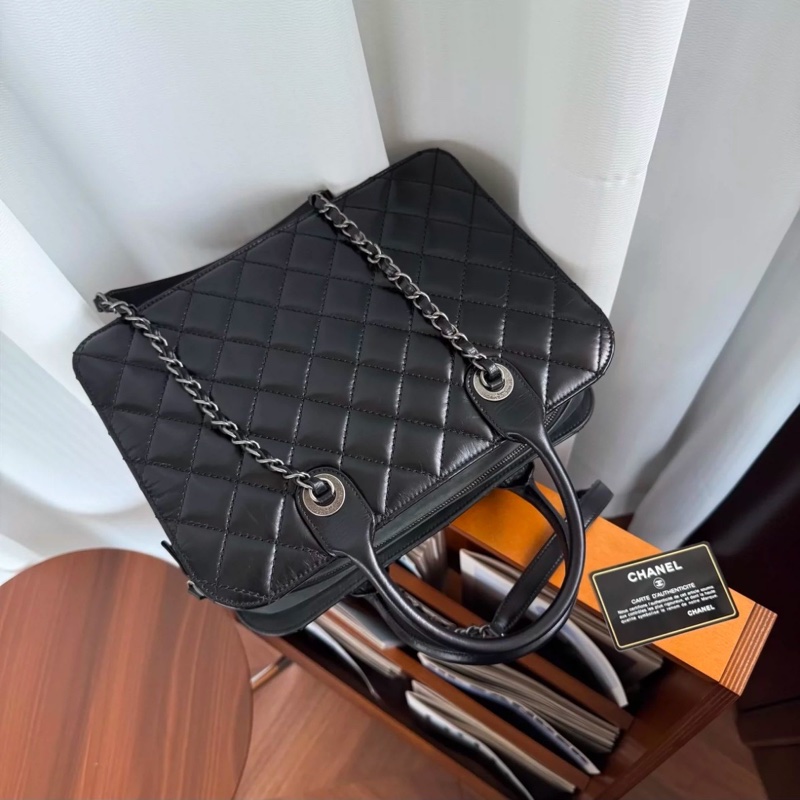 卡標齊全成色佳🔥Chanel黑銀油蠟牛皮菱格手提單肩鏈條包-7