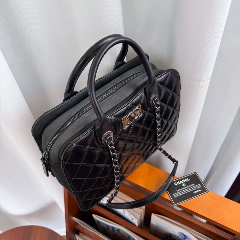 卡標齊全成色佳🔥Chanel黑銀油蠟牛皮菱格手提單肩鏈條包-8