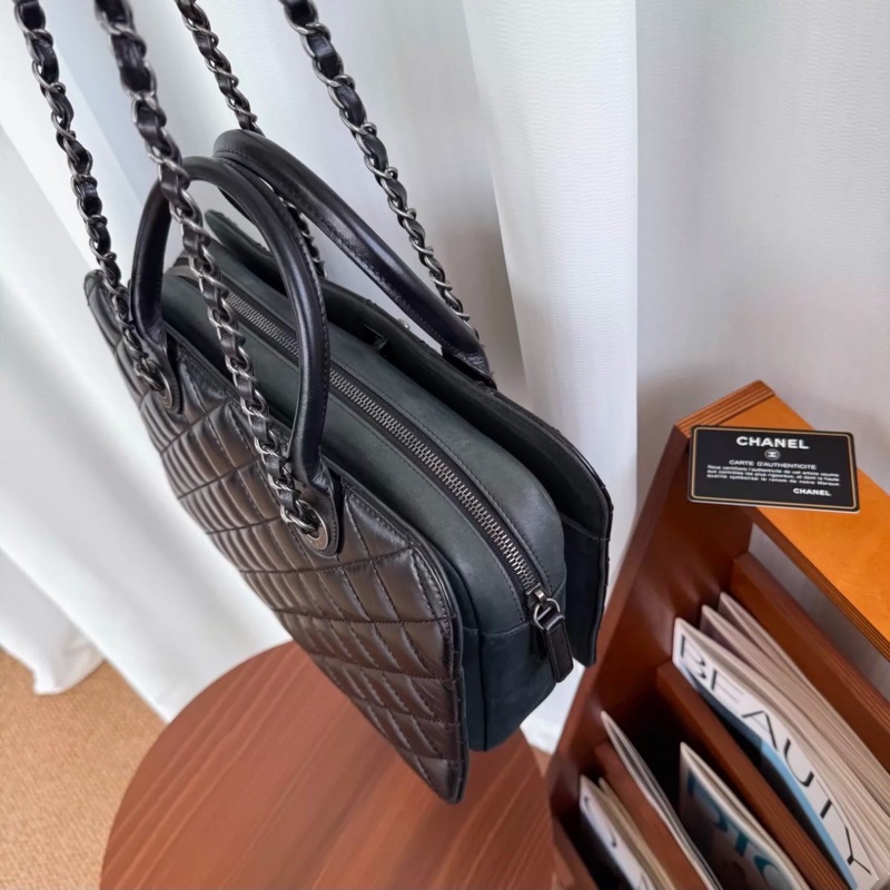 卡標齊全成色佳🔥Chanel黑銀油蠟牛皮菱格手提單肩鏈條包-10