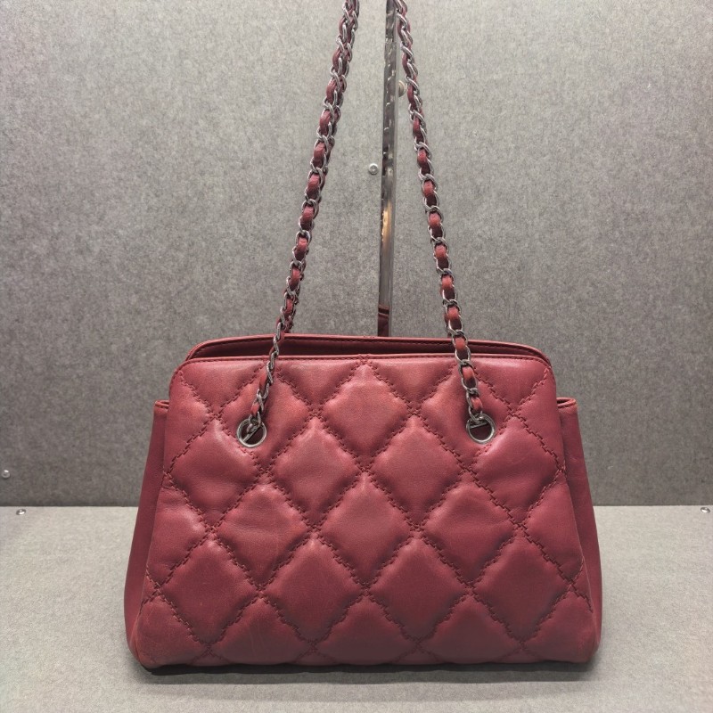 Chanel香奈兒 牛皮 雙C 外縫 Tote托特包銀鏈鏈條包 紅色肩背包-1