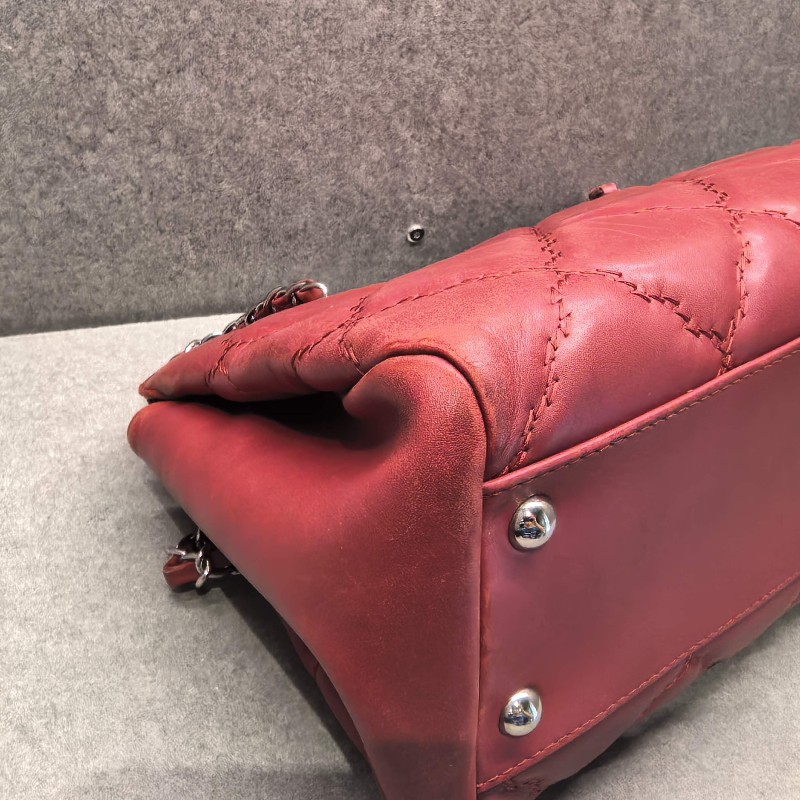 Chanel香奈兒 牛皮 雙C 外縫 Tote托特包銀鏈鏈條包 紅色肩背包-18