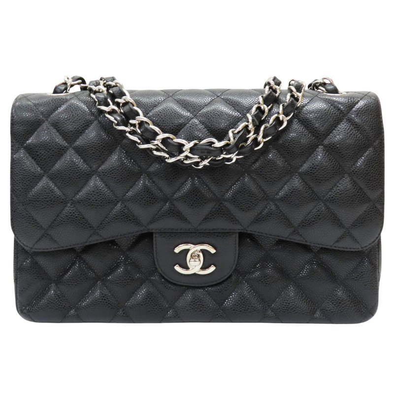 黑色 牛皮 菱格紋 荔枝紋 Jumbo 鍊帶 肩背包 銀扣 (no card) A58600-0