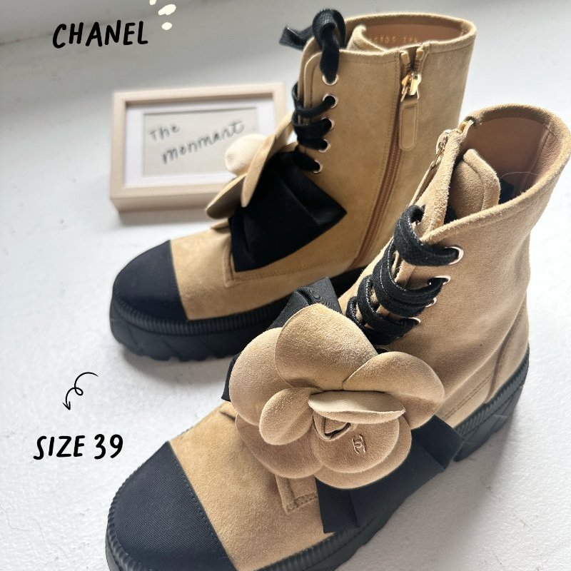 Chanel 山茶花蝴蝶結 軍靴 卡其全新 可拆 山茶花-0