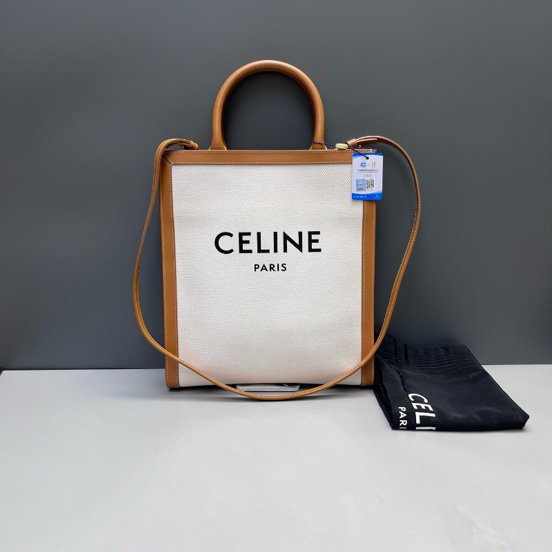 Celine Cabas帆布拼皮 白色拼棕色 小號托特包 肩背包-0