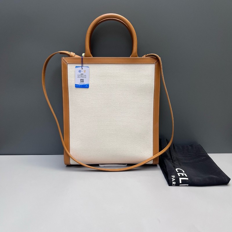 Celine Cabas帆布拼皮 白色拼棕色 小號托特包 肩背包-1