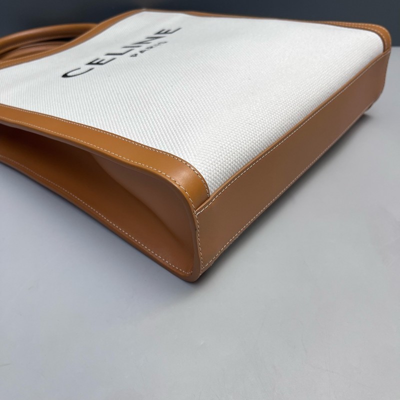 Celine Cabas帆布拼皮 白色拼棕色 小號托特包 肩背包-2