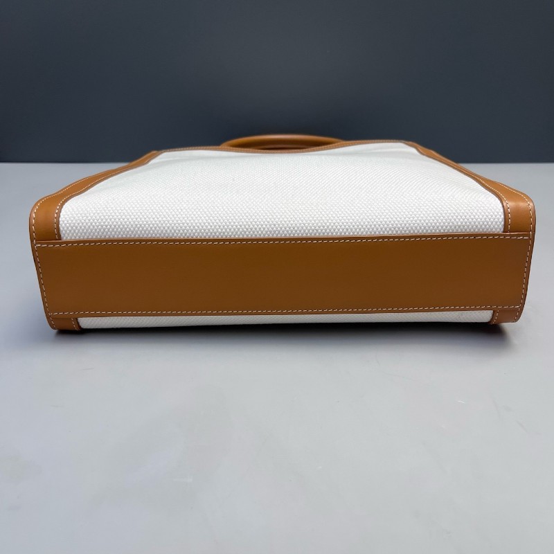 Celine Cabas帆布拼皮 白色拼棕色 小號托特包 肩背包-4