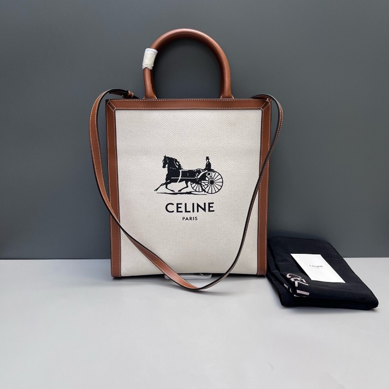 Celine Cabas 小號米色拼棕色帆布拼皮托特包tote肩背包-0