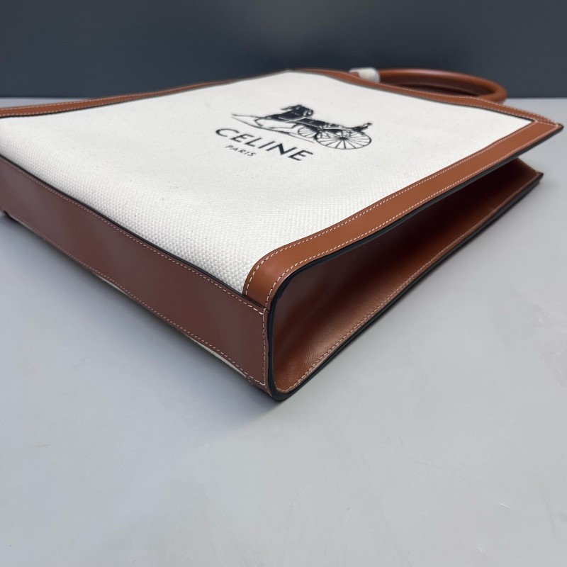 Celine Cabas 小號米色拼棕色帆布拼皮托特包tote肩背包-3