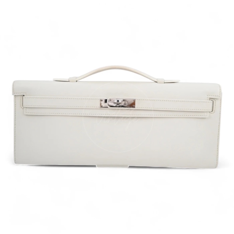 [PRE-OWNED] HERMES KELLY CUT CLUTCH WHITE SWIFT PHW STAMP SQUARE L-0