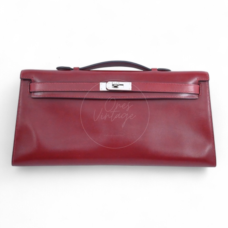 [PRE-OWNED] HERMES KELLY CUT LONGUE CLUTCH ROUGE H BOX PHW STAMP SQUARE J-6