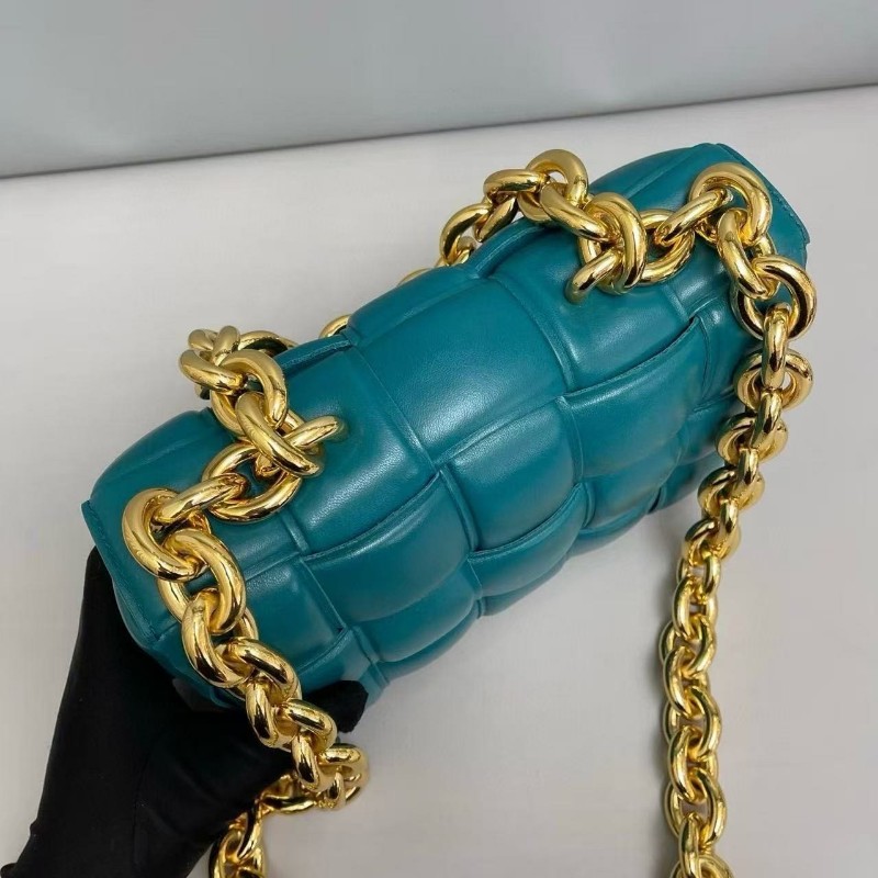 BV葆蝶家Chain Cassette松石綠全皮膨脹金鏈子包肩背包斜背包-4