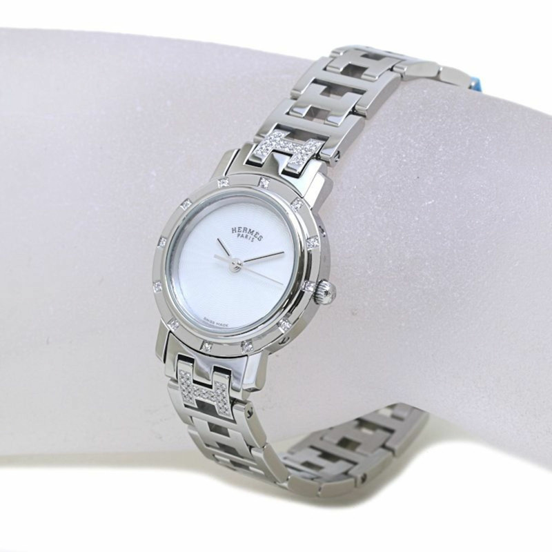 HERMES Clipper Nakreh（舊扣環）女士手錶 CL4.230.215 3869 附 12 顆鑽石錶圈和不鏽鋼錶鍊（40047）-1