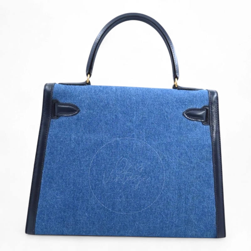 [PRE-OWNED] HERMES KELLY 28 NAVY BOX DENIM JEAN GHW STAMP CIRCLE U-3
