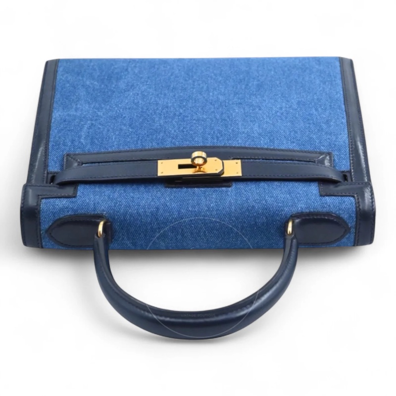 [PRE-OWNED] HERMES KELLY 28 NAVY BOX DENIM JEAN GHW STAMP CIRCLE U-5