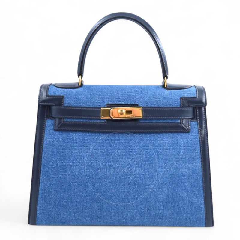 [PRE-OWNED] HERMES KELLY 28 NAVY BOX DENIM JEAN GHW STAMP CIRCLE U-6