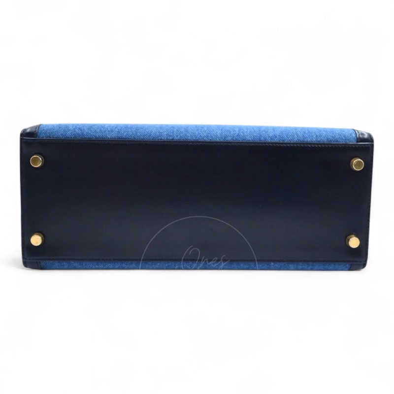 [PRE-OWNED] HERMES KELLY 28 NAVY BOX DENIM JEAN GHW STAMP CIRCLE U-8