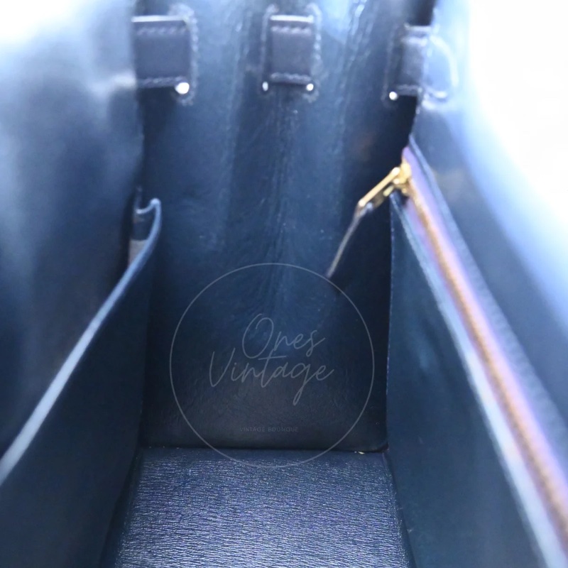 [PRE-OWNED] HERMES KELLY 28 NAVY BOX DENIM JEAN GHW STAMP CIRCLE U-10