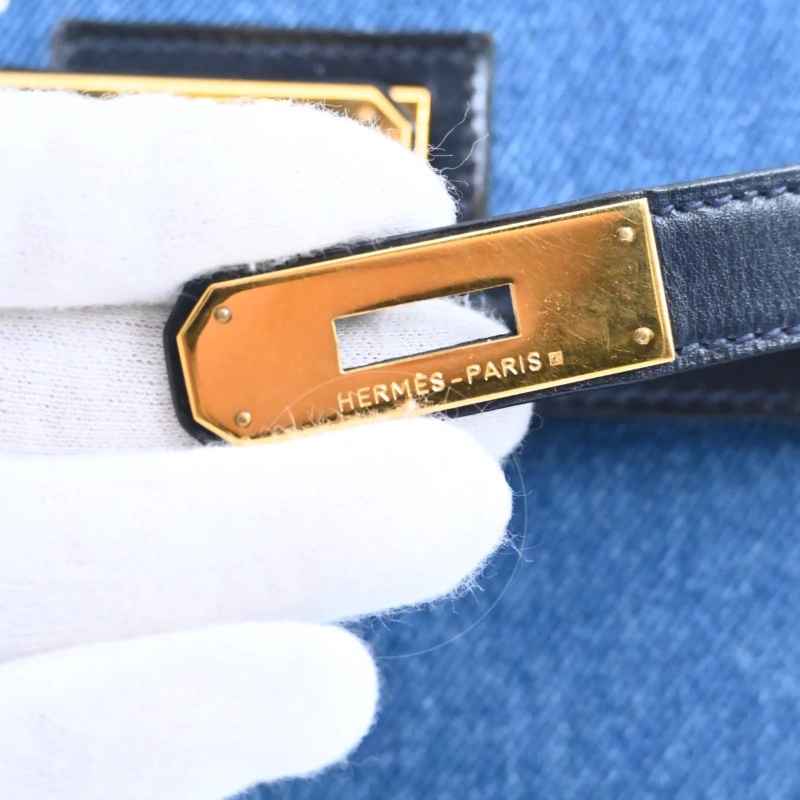 [PRE-OWNED] HERMES KELLY 28 NAVY BOX DENIM JEAN GHW STAMP CIRCLE U-11