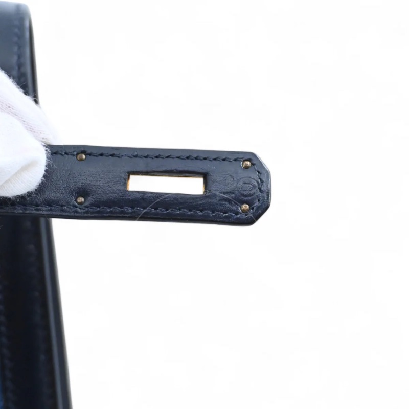 [PRE-OWNED] HERMES KELLY 28 NAVY BOX DENIM JEAN GHW STAMP CIRCLE U-12
