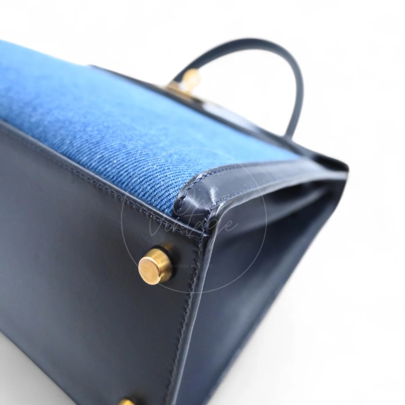 [PRE-OWNED] HERMES KELLY 28 NAVY BOX DENIM JEAN GHW STAMP CIRCLE U-17