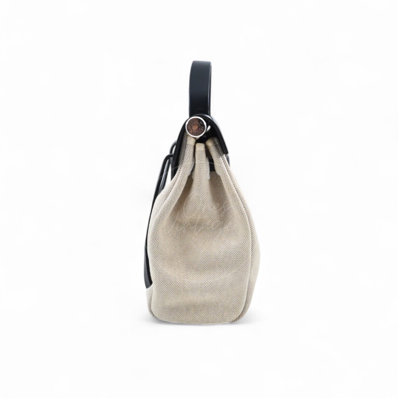 [PRE-OWNED] HERMES HERBAG BACKPACK BLACK SWIFT BEIGE CANVAS STAMP SQUARE C-3