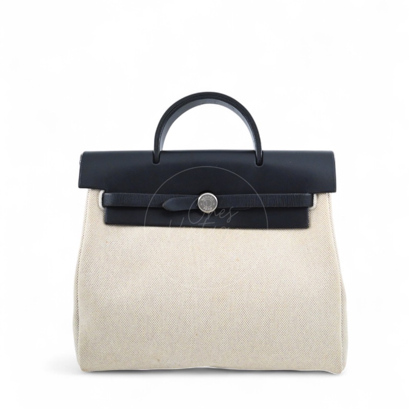 [PRE-OWNED] HERMES HERBAG BACKPACK BLACK SWIFT BEIGE CANVAS STAMP SQUARE C-10