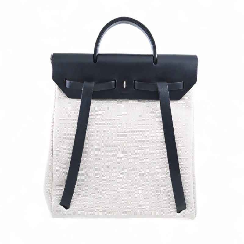 [PRE-OWNED] HERMES HERBAG BACKPACK BLACK SWIFT BEIGE CANVAS STAMP SQUARE C-13
