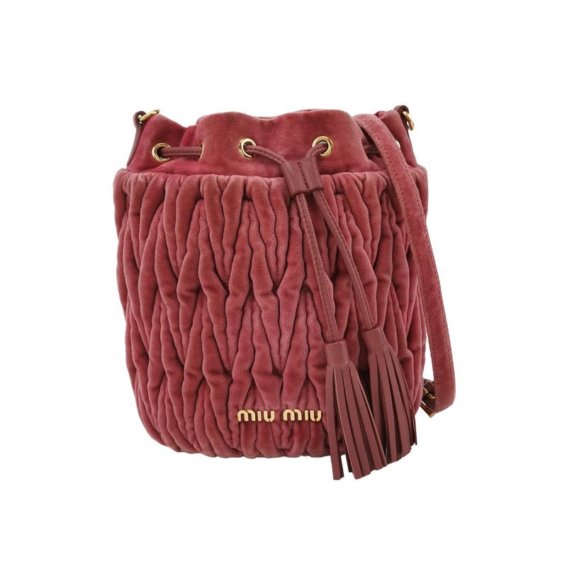 Miu Miu 羊皮 絨布 純色 褶皺 字母 Logo 水桶包 斜背包 肩背包-0