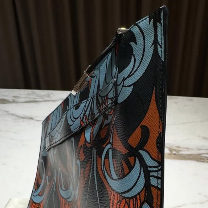 Prada 橘 藍 牛皮 花朵圖案 手拿包-5