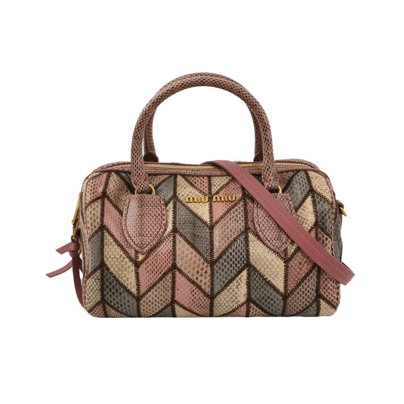 Miu Miu 羊皮 蛇皮 拼色 菱格 絎縫 字母 logo 波士頓包 斜背包 單肩包-0
