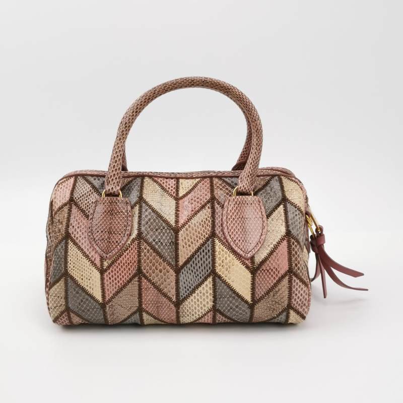 Miu Miu 羊皮 蛇皮 拼色 菱格 絎縫 字母 logo 波士頓包 斜背包 單肩包-2