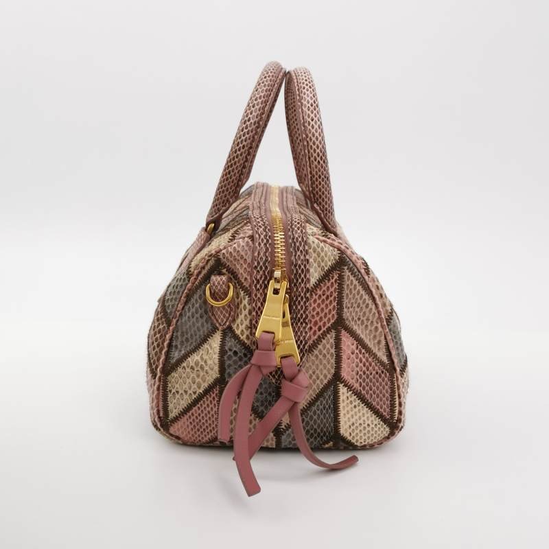 Miu Miu 羊皮 蛇皮 拼色 菱格 絎縫 字母 logo 波士頓包 斜背包 單肩包-4