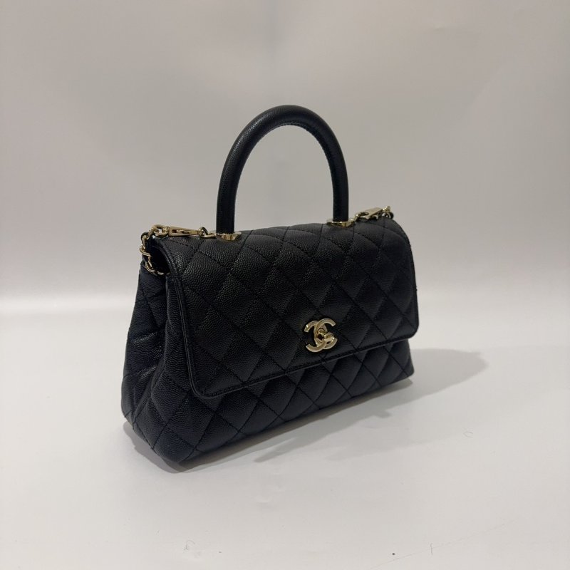 Chanel黑色金釦菱格紋荔枝皮小號CoCo Handle/A92990-1