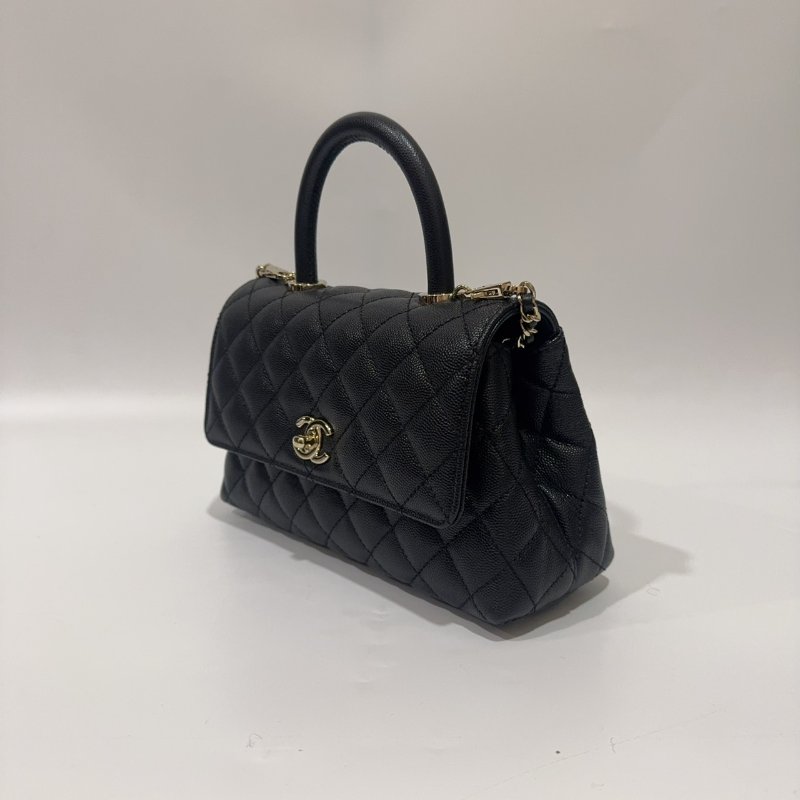 Chanel黑色金釦菱格紋荔枝皮小號CoCo Handle/A92990-3