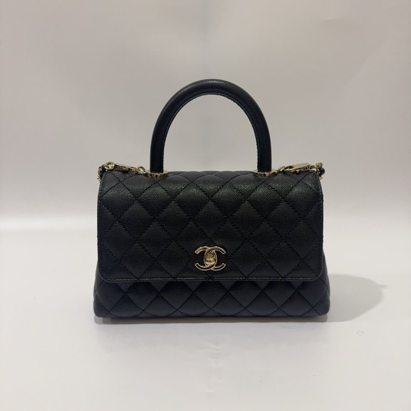 Chanel黑色金釦菱格紋荔枝皮小號CoCo Handle/A92990-5