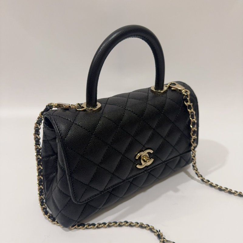 Chanel黑色金釦菱格紋荔枝皮小號CoCo Handle/A92990-13