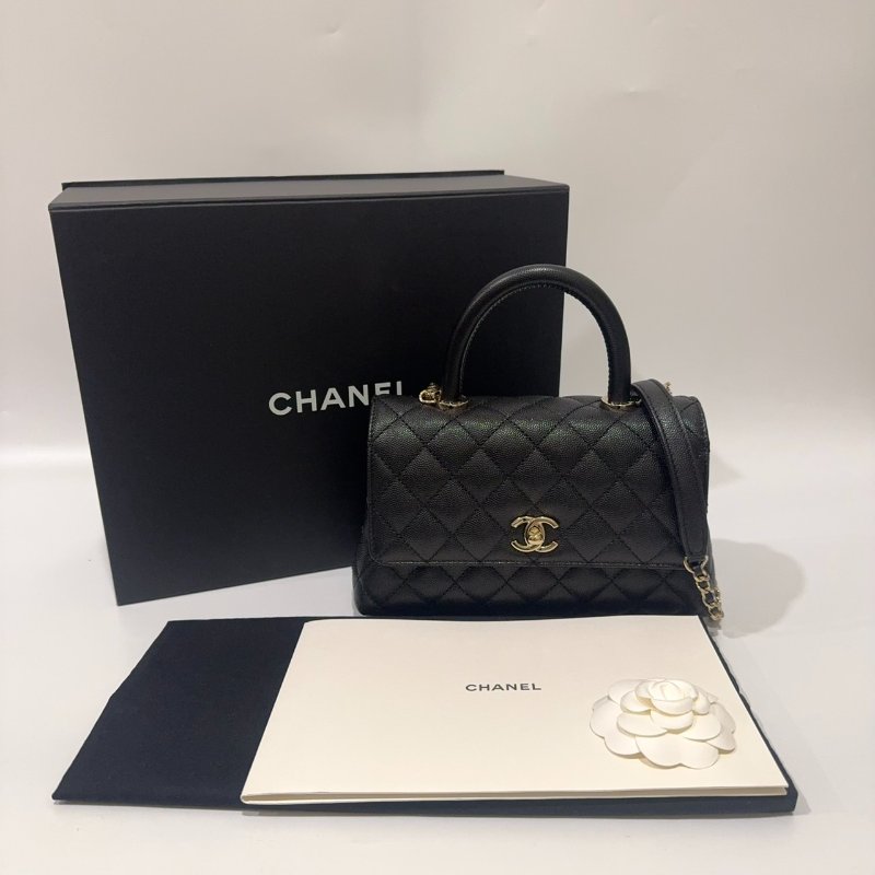 Chanel黑色金釦菱格紋荔枝皮小號CoCo Handle/A92990-14