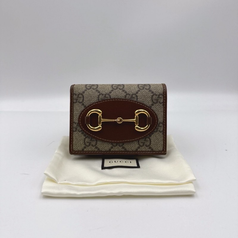 超新⭐GUCCI古馳 Horsebit 1955 復古金扣馬銜扣老花Logo雙折翻蓋 帆布拼皮 帆布包錢包卡包 男女同款情侶款 烏木色/棕色-1