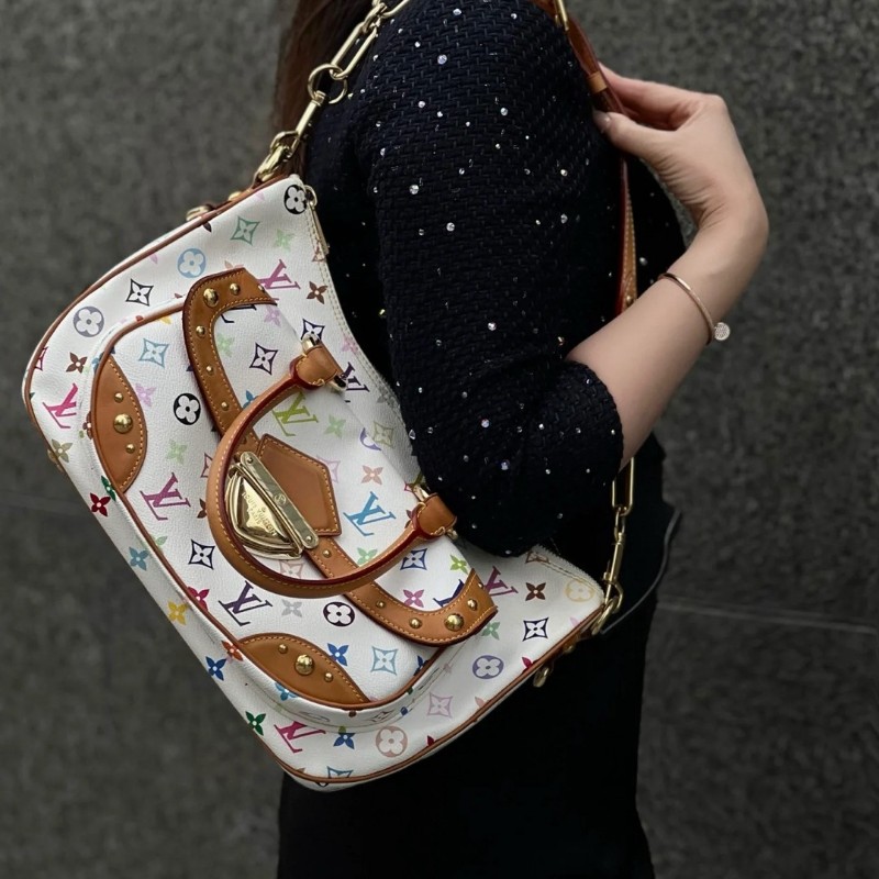 絕版❤️LV vintage村上隆聯名白三彩大號元寶包手提包肩背包-0